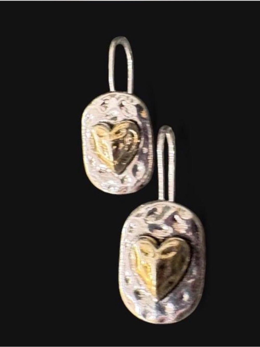 Hammered Metal Silver Drop Earrings with Gold Heart Design